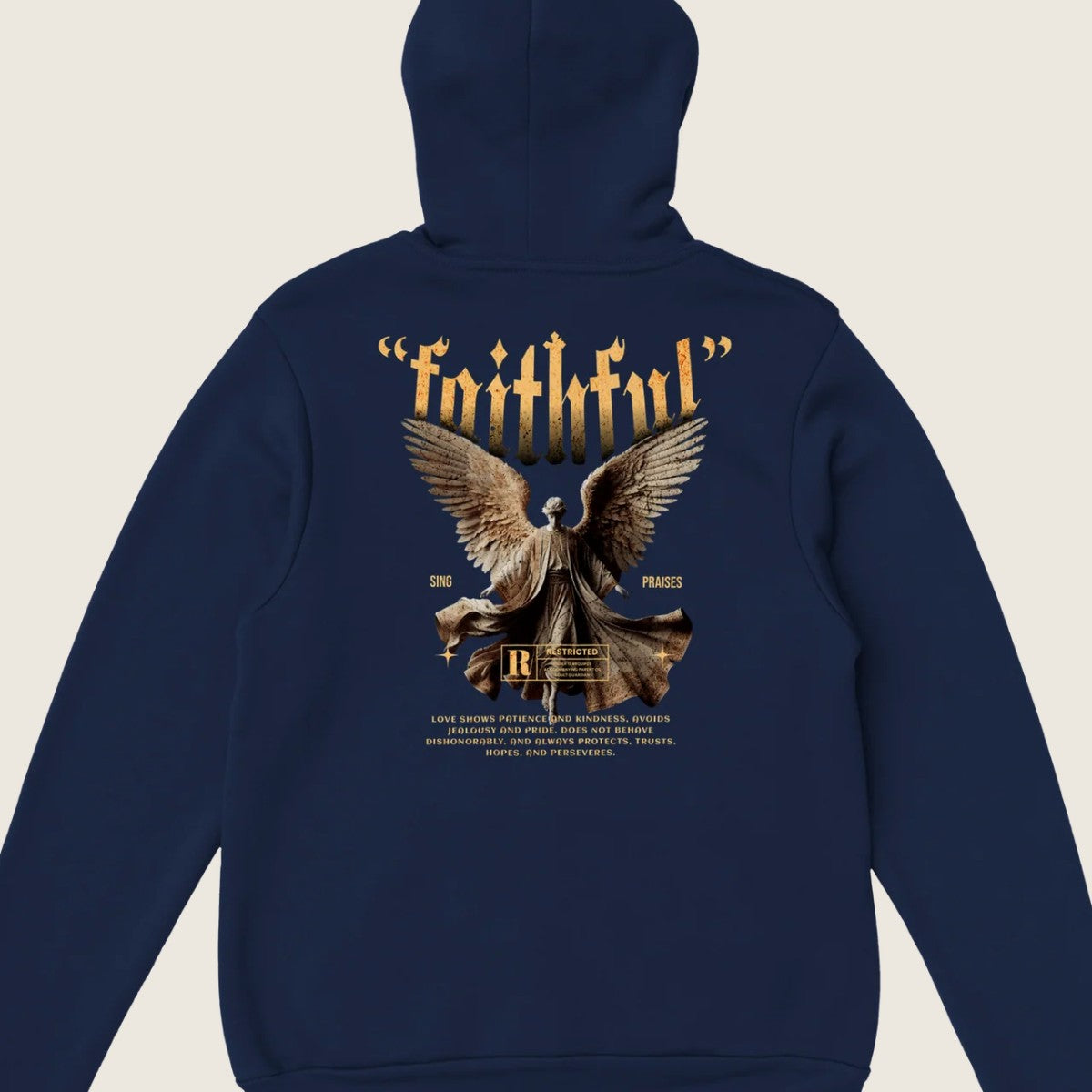 "Guardian of Faith" dark blue Christian hoodie back print by Faithful