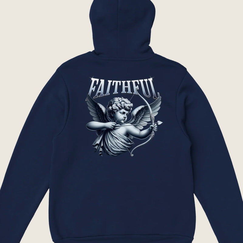 "Target: Love" dark blue Christian hoodie back print by Faithful