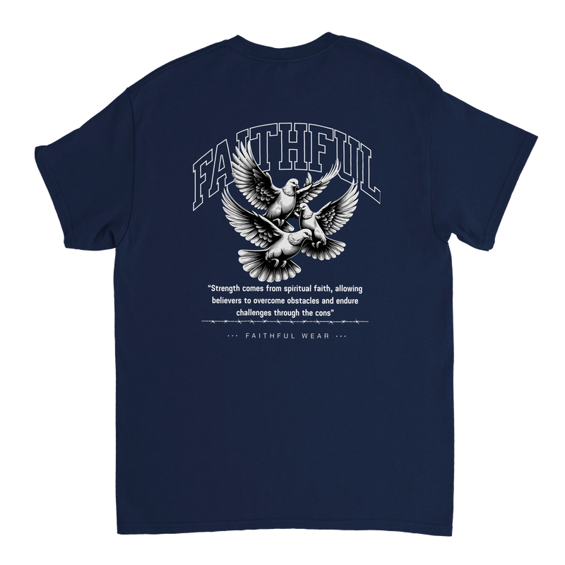 "Flight Through Adversity" Dark Blue Christian T-Shirt, Bible verse design by Faithful