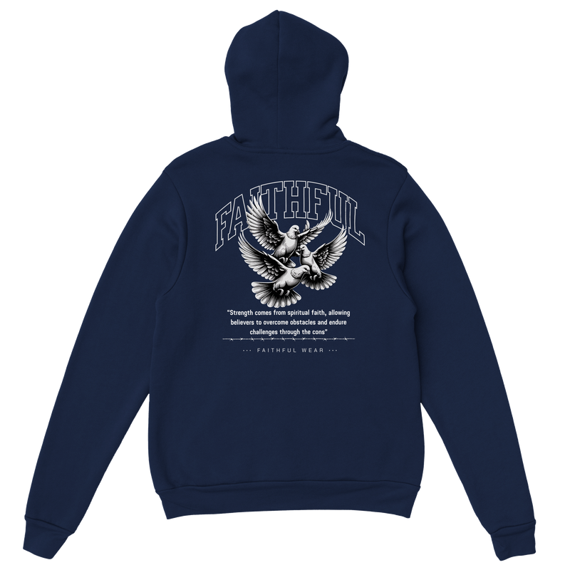 "Flight Through Adversity" Dark Blue Christian Hoodie, Bible verse design by Faithful