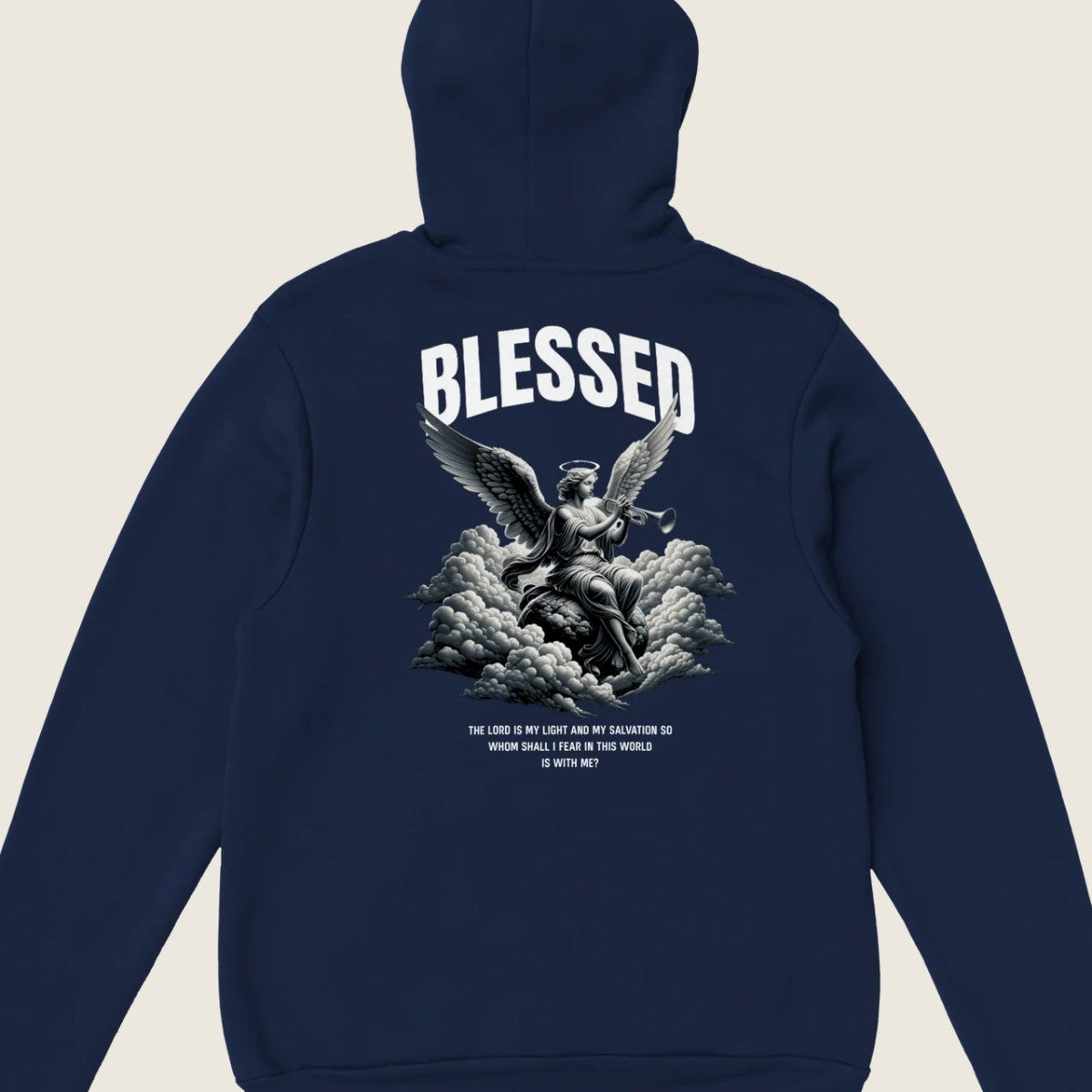 "Blessed" dark blue Christian hoodie back print by Faithful