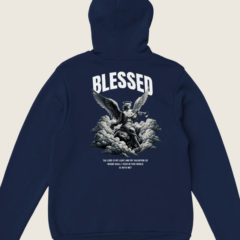 "Blessed" dark blue Christian hoodie back print by Faithful