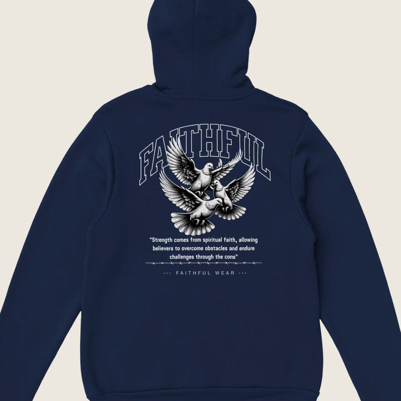 "Flight Through Adversity" dark blue Christian hoodie back print by Faithful