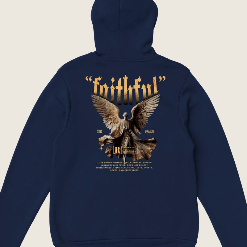 "Guardian of Faith" dark blue Christian hoodie back print by Faithful