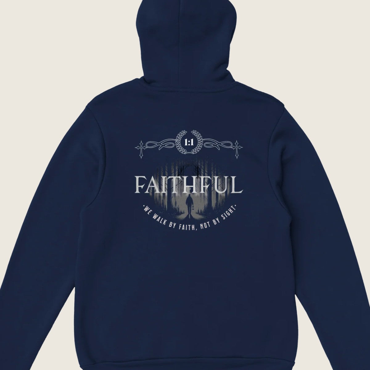 "Light in the Dark" dark blue Christian hoodie back print by Faithful
