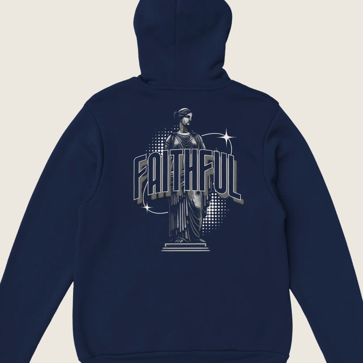 "Monument to Faithfulness" dark blue Christian hoodie back print by Faithful