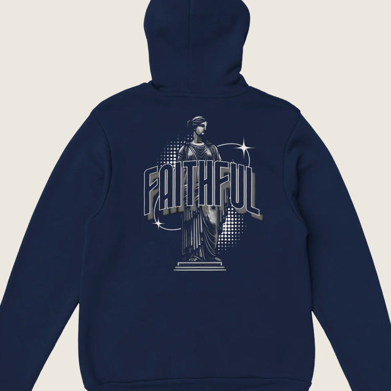 "Monument to Faithfulness" dark blue Christian hoodie back print by Faithful