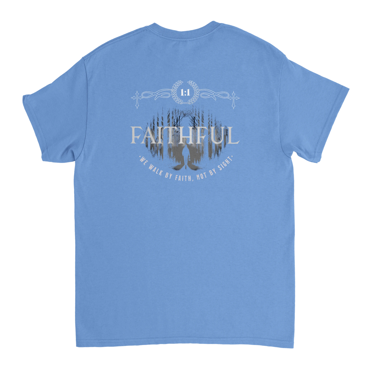 "Light in the Dark" Blue Christian T-Shirt, Bible verse design by Faithful