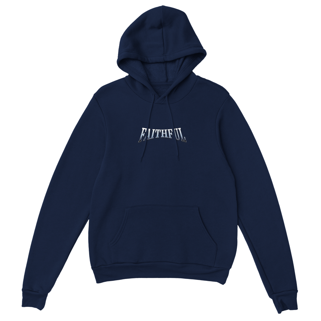 "Target: Love" Dark Blue Christian Hoodie, Bible verse design by Faithful – alternate view
