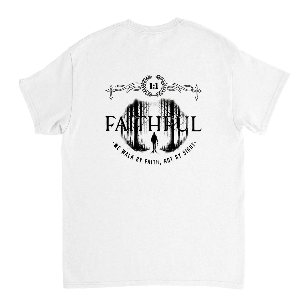 "Light in the Dark" White Christian T-Shirt, Bible verse design by Faithful