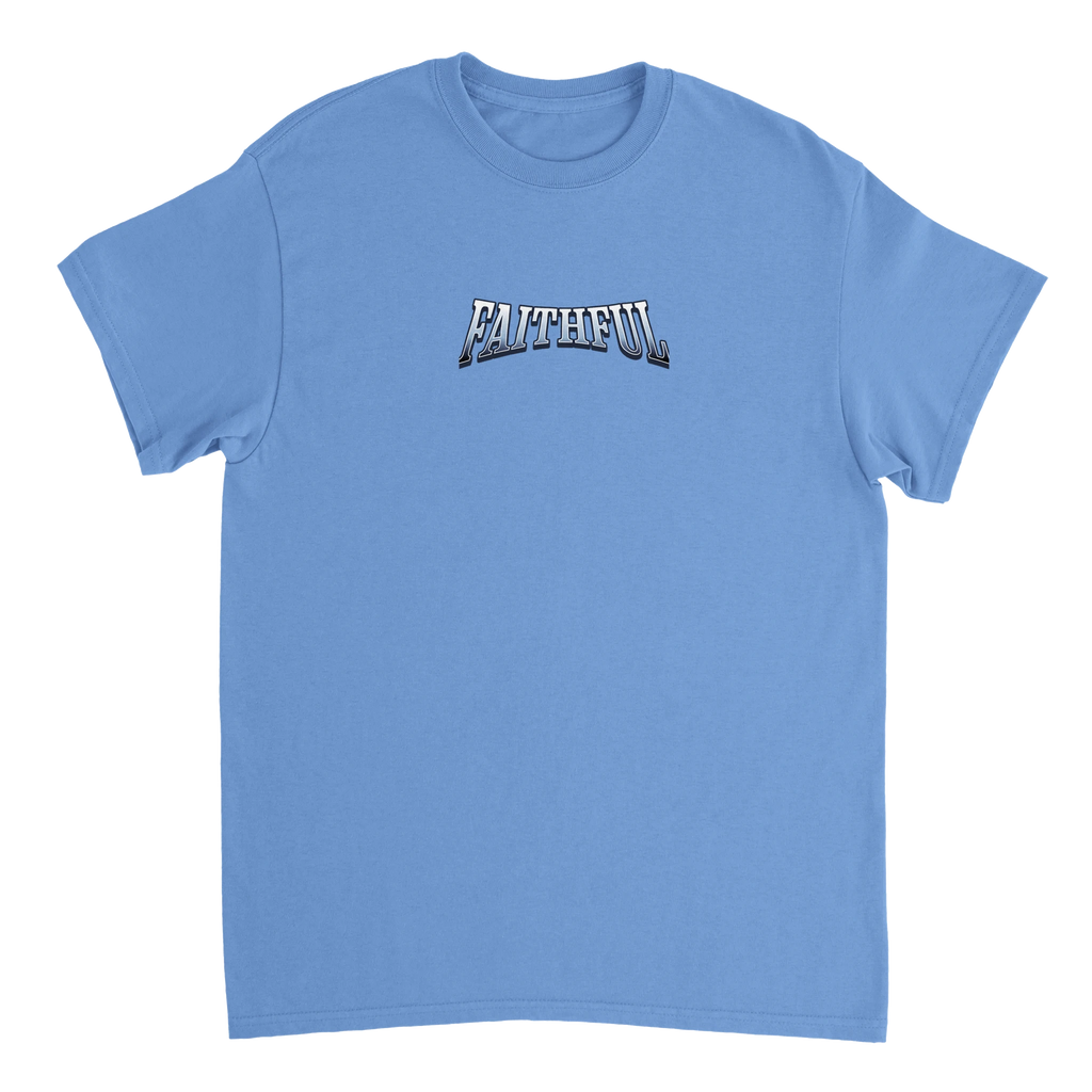 "Target: Love" Blue Christian T-Shirt, Bible verse design by Faithful – alternate view