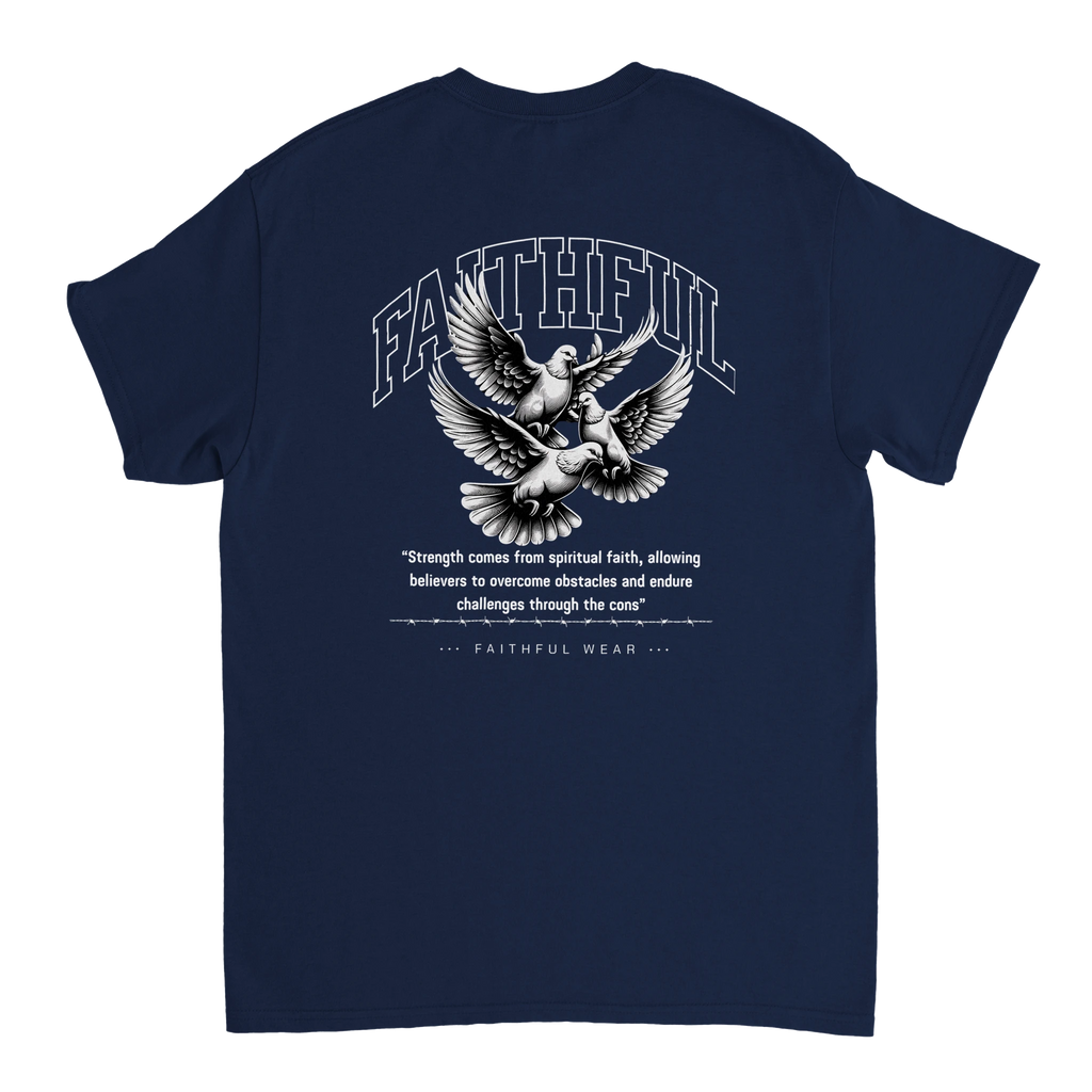 "Flight Through Adversity" Dark Blue Christian T-Shirt, Bible verse design by Faithful