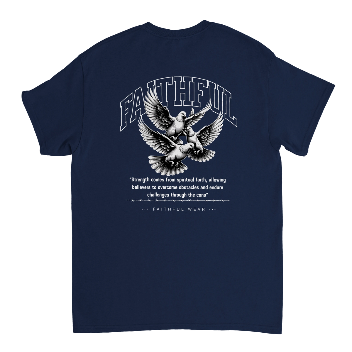 "Flight Through Adversity" Dark Blue Christian T-Shirt, Bible verse design by Faithful