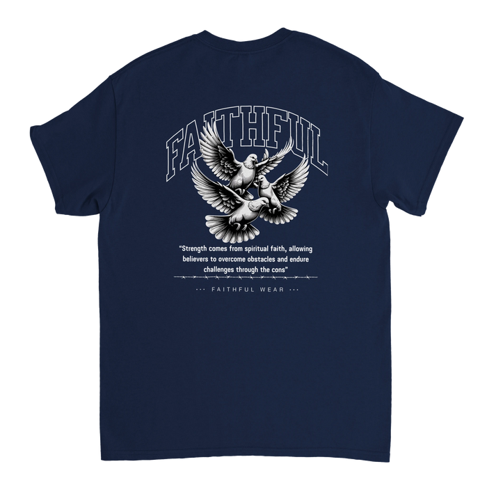 "Flight Through Adversity" Dark Blue Christian T-Shirt, Bible verse design by Faithful