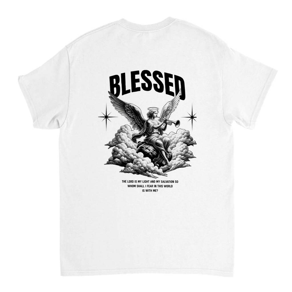 "Blessed" White Christian T-Shirt, Bible verse design by Faithful