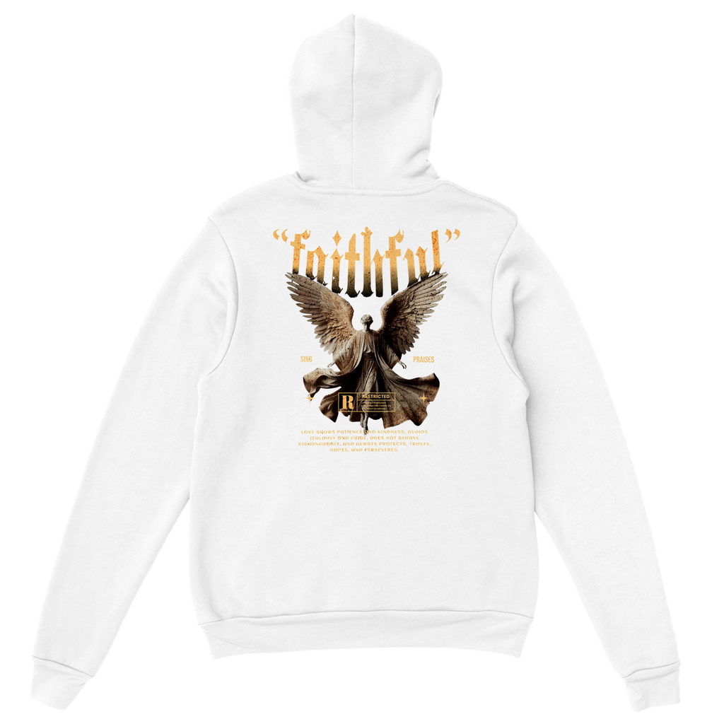 "Guardian of Faith" White Christian Hoodie, Bible verse design by Faithful