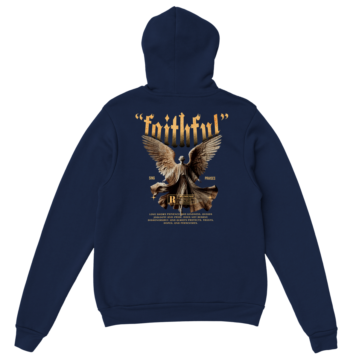 "Guardian of Faith" Dark Blue Christian Hoodie, Bible verse design by Faithful