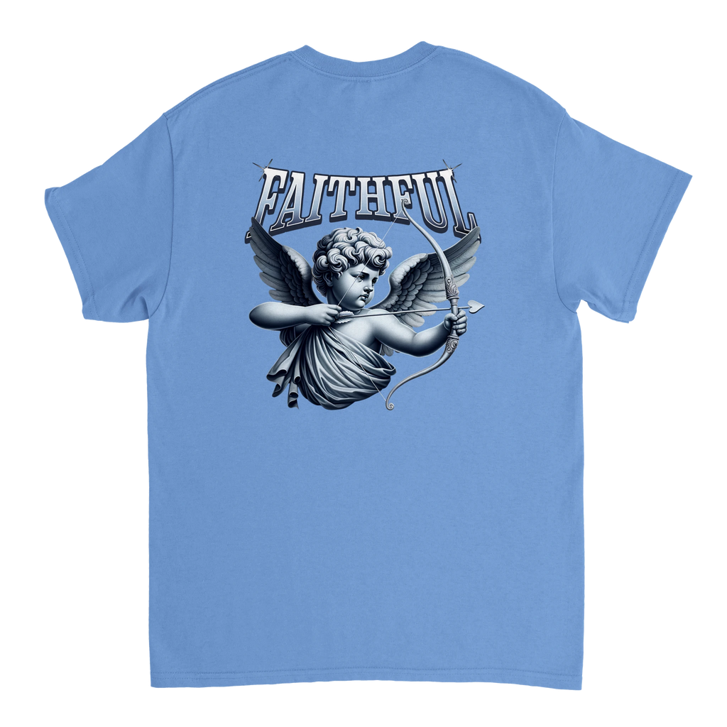 "Target: Love" Blue Christian T-Shirt, Bible verse design by Faithful