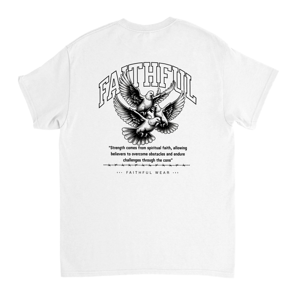 "Flight Through Adversity" White Christian T-Shirt, Bible verse design by Faithful