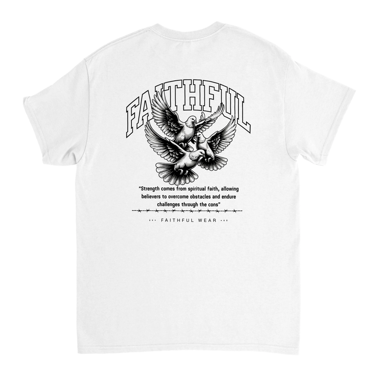"Flight Through Adversity" White Christian T-Shirt, Bible verse design by Faithful