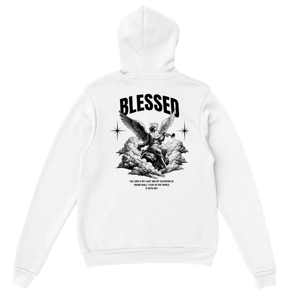 "Blessed" White Christian Hoodie, Bible verse design by Faithful
